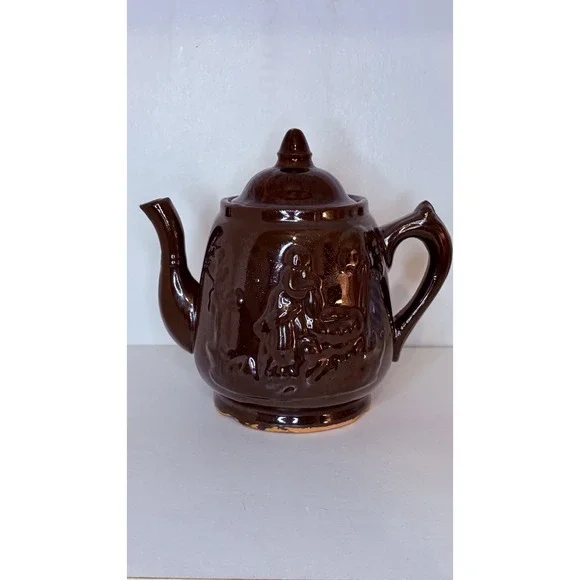 Rockingham Teapot-Rebecca at the Well Relief Raised Clay Brown Glaze Antique 7" - Picture 5 of 16